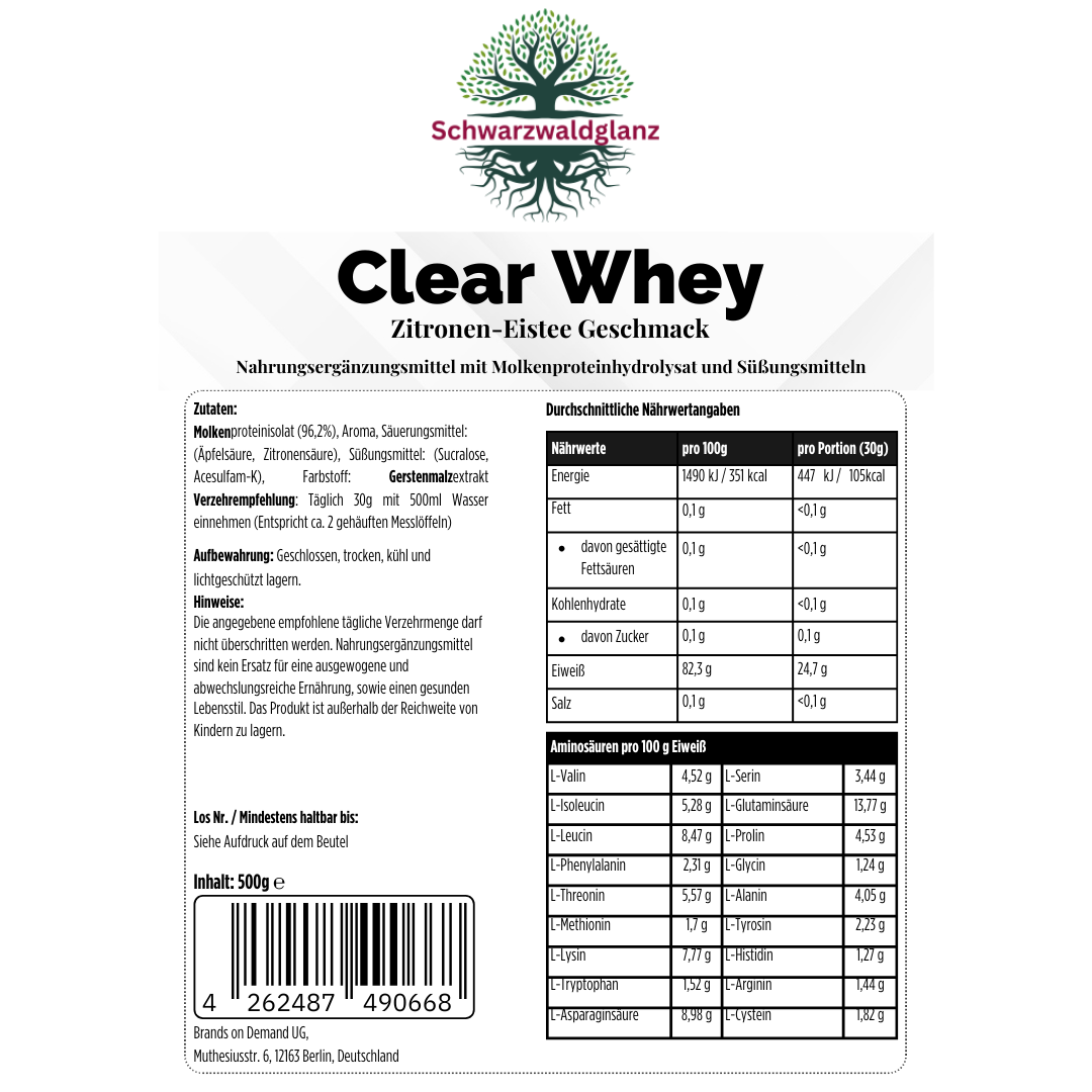 Clear Whey Protein Eistee Zitrone - 500g Schwarzwaldglanz