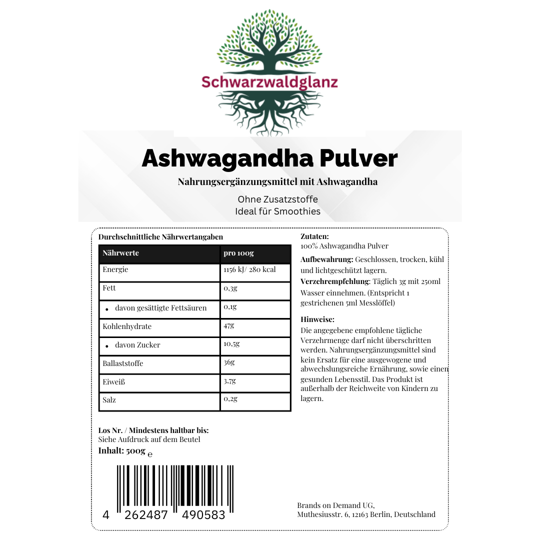 Ashwagandha Pulver - 500g Doypack Schwarzwaldglanz