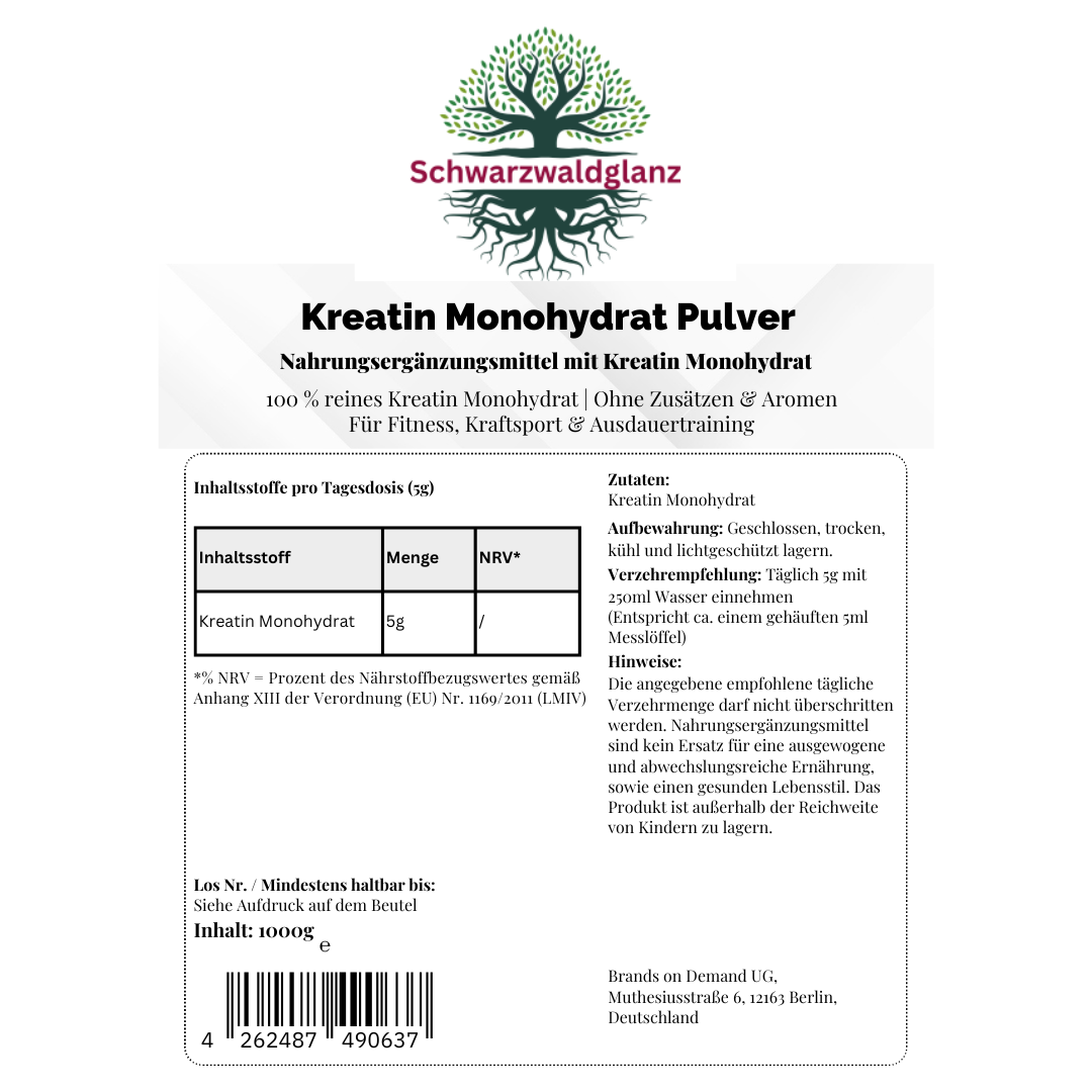 Kreatin Monohydrat Pulver - 1000g Doypack Schwarzwaldglanz