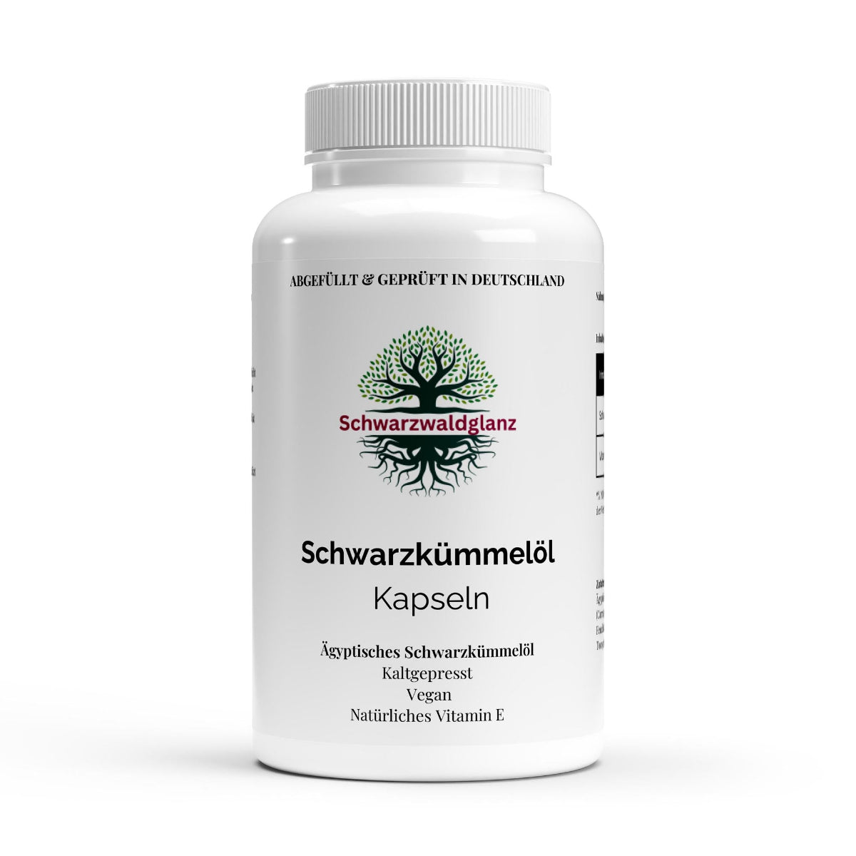 Schwarzwaldglanz vegane Schwarzkümmelöl Softgels ungesättigte Fettsäuren Antioxidant – Front – hochwertiges Produkt von Schwarzwaldglanz – Produkt vor weißem Hintergrund