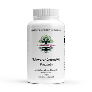 Schwarzwaldglanz vegane Schwarzkümmelöl Softgels ungesättigte Fettsäuren Antioxidant – Front – hochwertiges Produkt von Schwarzwaldglanz – Produkt vor weißem Hintergrund