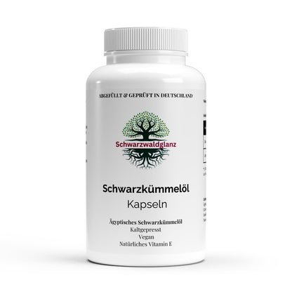 Schwarzwaldglanz vegane Schwarzkümmelöl Softgels ungesättigte Fettsäuren Antioxidant – Front – hochwertiges Produkt von Schwarzwaldglanz – Produkt vor weißem Hintergrund